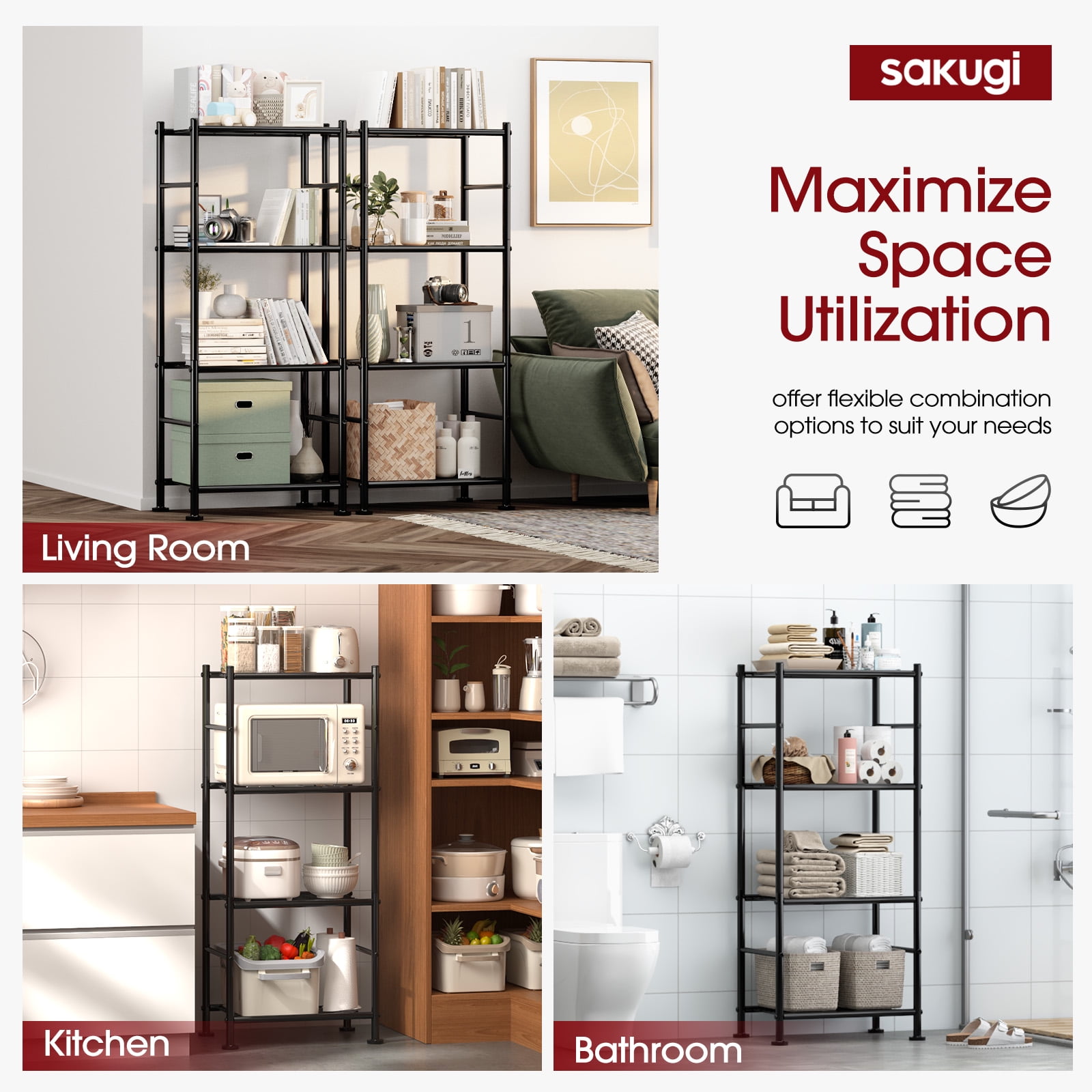 Sakugi 4-Tier Metal Storage Shelves, Adjustable Metal Shelves, 18" W x 12" D x 43" H, 650 lb Total Capacity, Rust-Proof Storage Rack