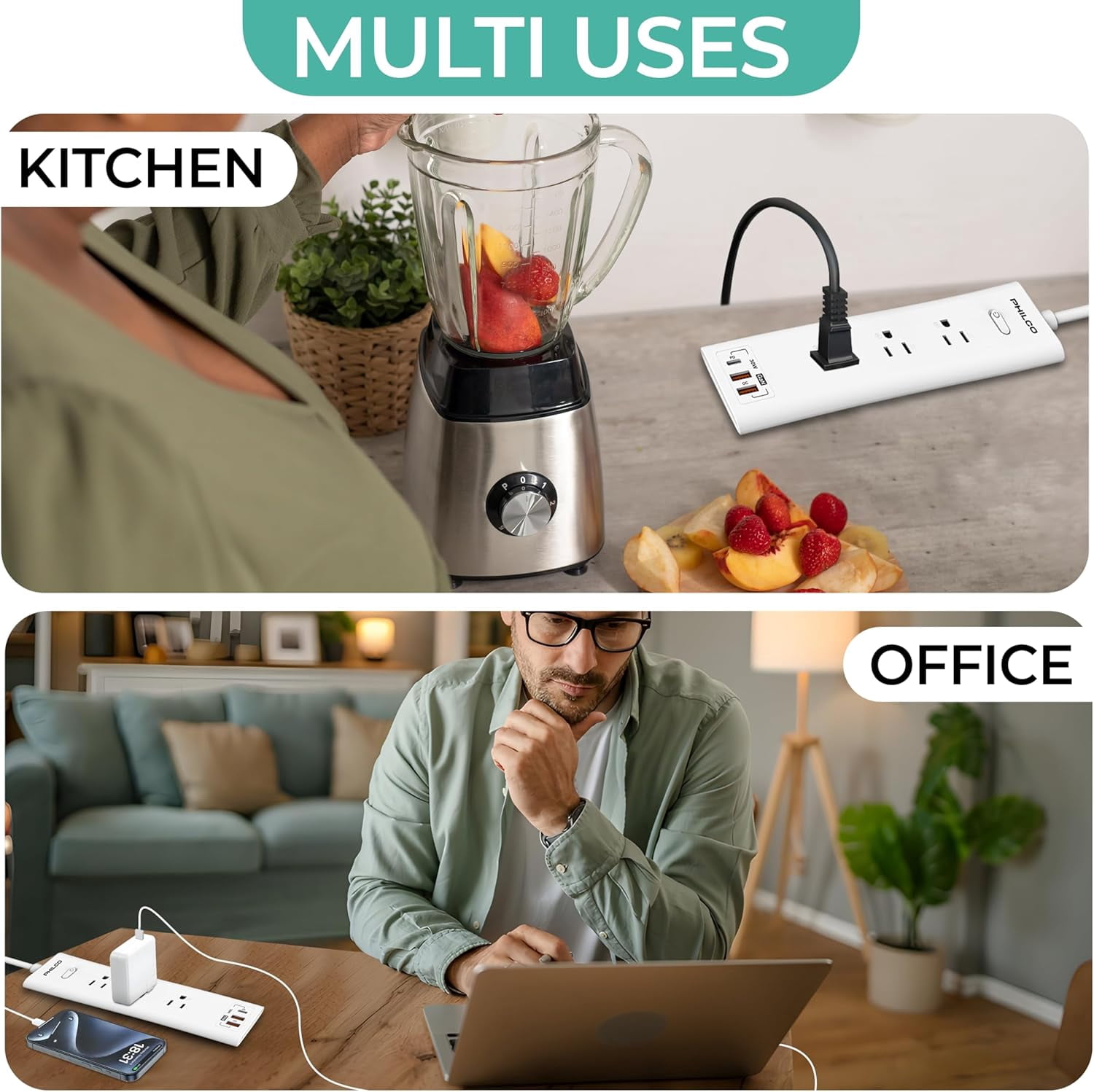 Philco Surge Protector Power Strip, Power Outlet, Surge Protector with USB Ports, 30W 3 Outlets W/ 1 USB-C & 2 USB-A Ports, 6ft Extension Cord with Multiple Outlets, Flat Plug, Home Office Essentials