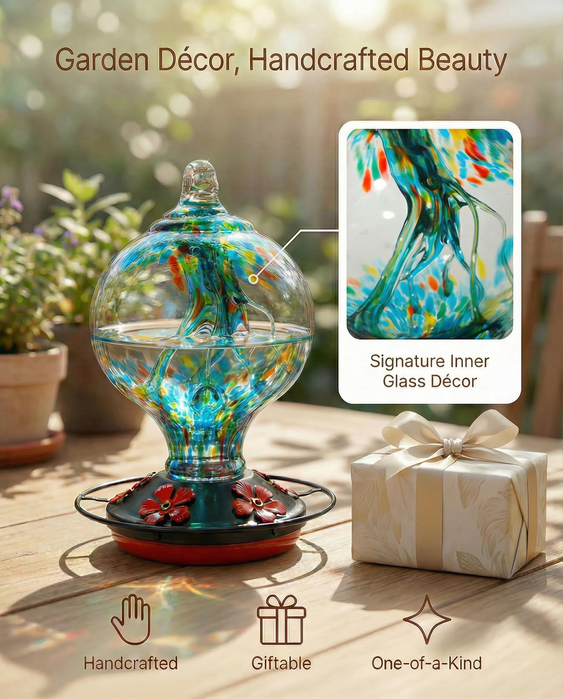 Rainforest Blue Hand Blown Glass Hummingbird Feeder, 34 Oz Outdoor Hanging