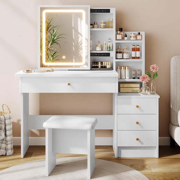 Hanyu Vanity Desk with Sliding Mirror, Adjustable Lights & 4 Drawers, White