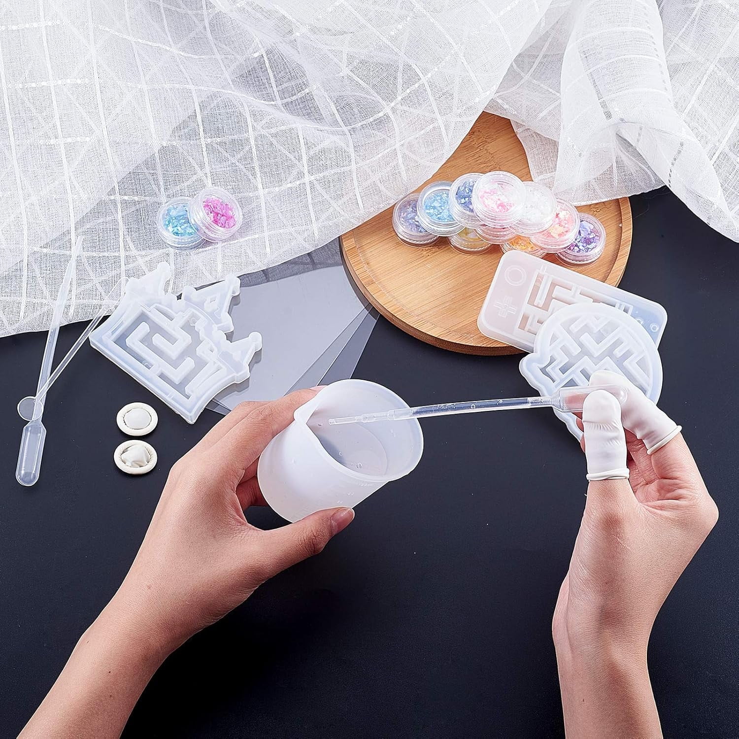 Epoxy Resin Molds Set 8 Shapes Labyrinth Silicone Molds Castle Molds with Sequins Measuring Cup Stirring Rod Pipettes and Latex Finger Cots DIY