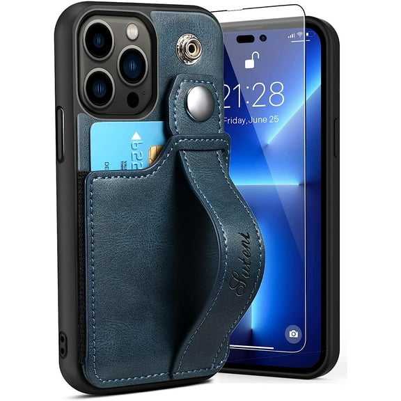 iPhone 14 Pro Max Wallet Case with Screen Protector, iPhone 14 Pro Max Case Wallet with Card Holder and Hand Strap, Leather Kickstand Card Slots Case for iPhone 14 Pro Max 6.7 inch Blue