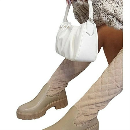 

Pfysire Women Warm Low Heel Knee High Boots Platform Round Toe Shoes Beige US 6