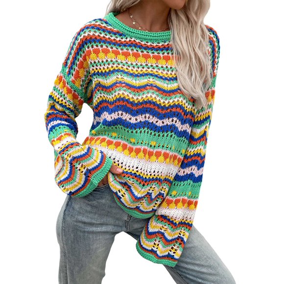 Women'S Colorful Sweater Crochet Open Knit Long Sleeve Crew Neck Oversized Sweater Green M