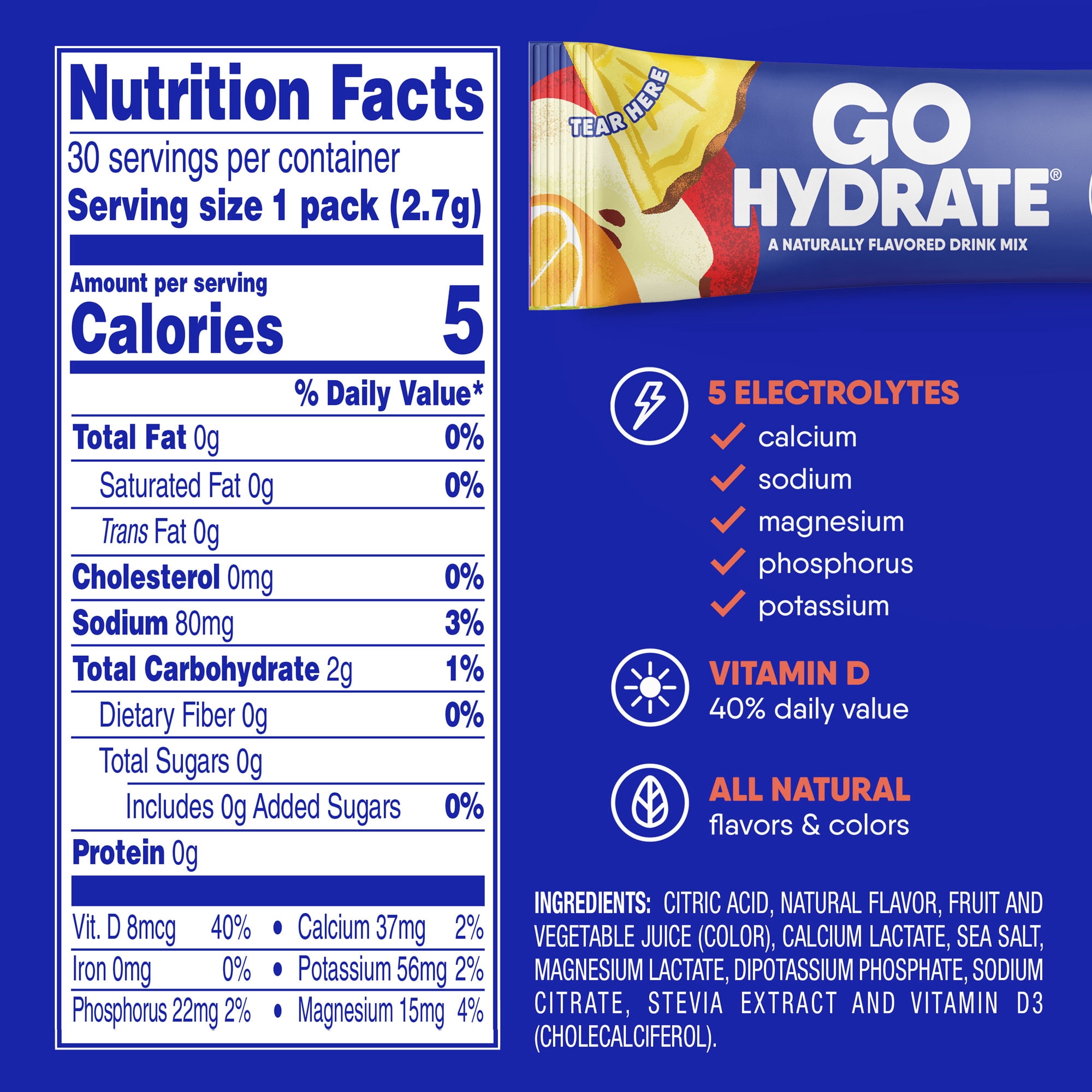Electrolyte Hydration Drink Mix with Vitamin D, Non GMO Electrolyte Powder Hydration Pack, Fruit Punch, 30 Hydration Powder Packets - GoHydrate
