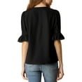 thumbnail image 3 of INSPIRE CHIC Women's Ruffled V Neck Puff Elbow Sleeve Semi-Sheer Chiffon Blouse S Black, 3 of 8