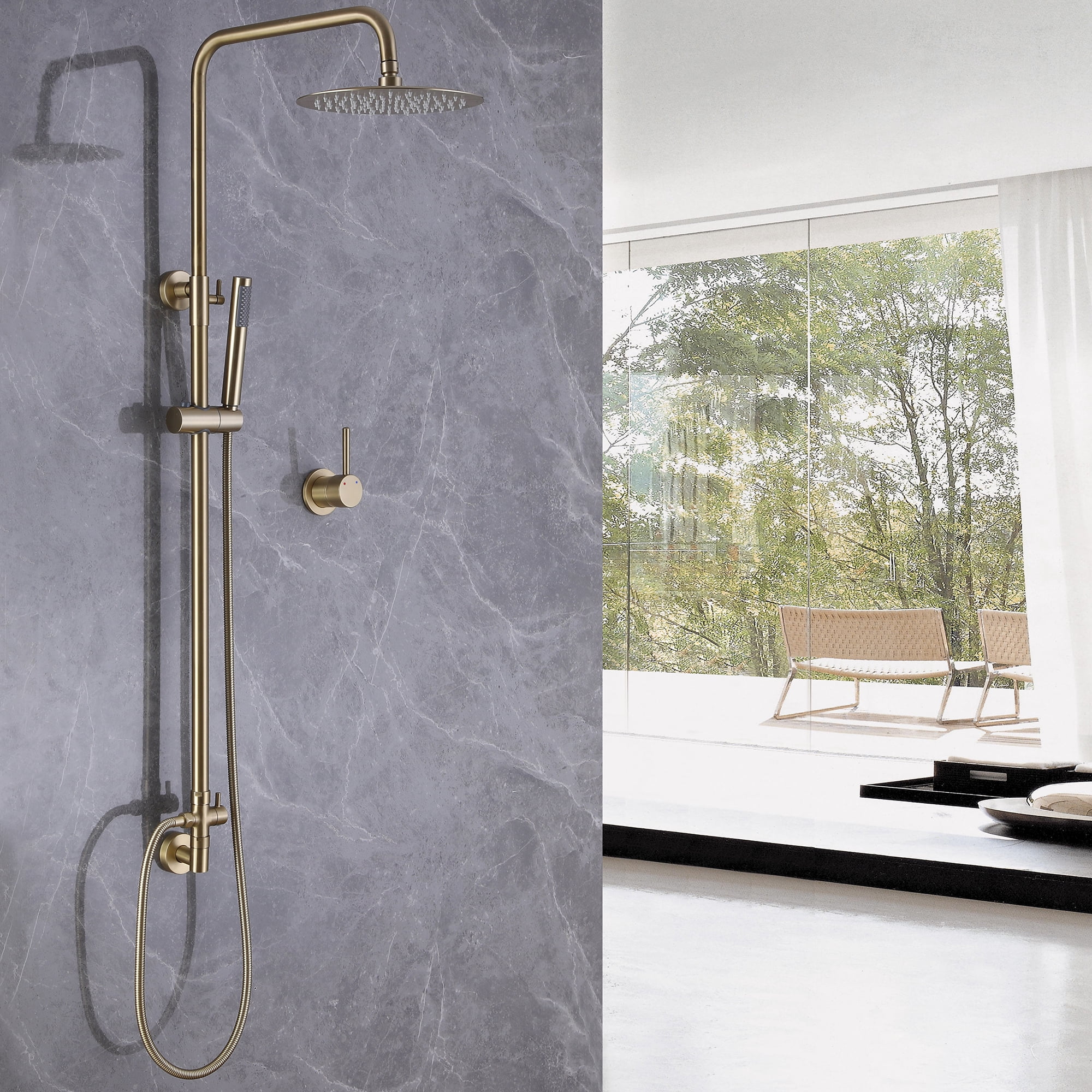 Brass Exposed Pipe Shower System, 10-inch Rainfall Shower Head with Handheld Shower Head with Rough-in Valve