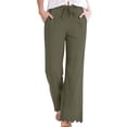thumbnail image 2 of Ecqkame Womens Wide Leg Cotton Linen Pants Casual Loose Solid Color Elastic Waist Pant Lightweight Flowy Trousers with Pockets Green XL, 2 of 8