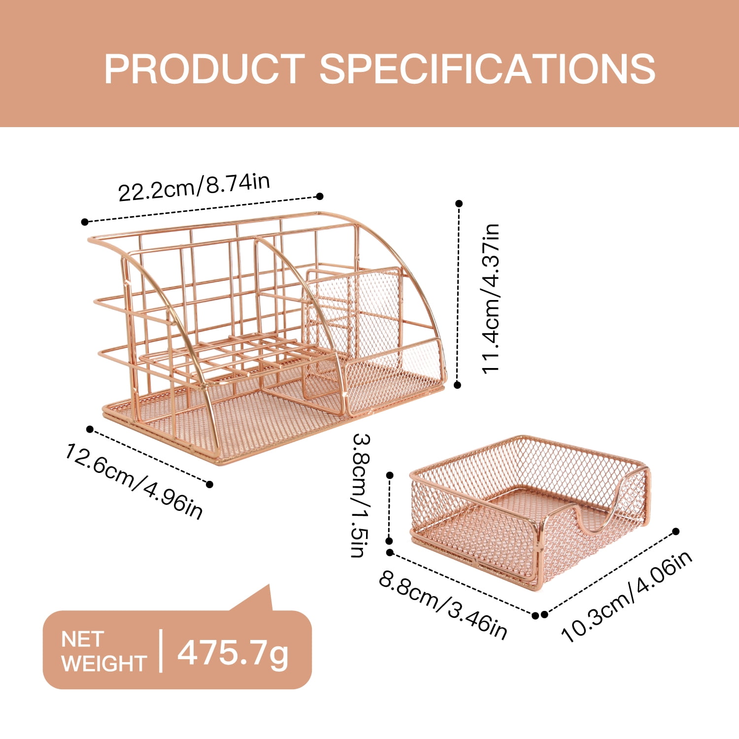 Rose Gold Desktop Organizer - Metal File Holder & Office Supply Rack - Multifunctional Storage for Stationery, Mail, Cosmetics - Compact Design for Home Office & Workspace