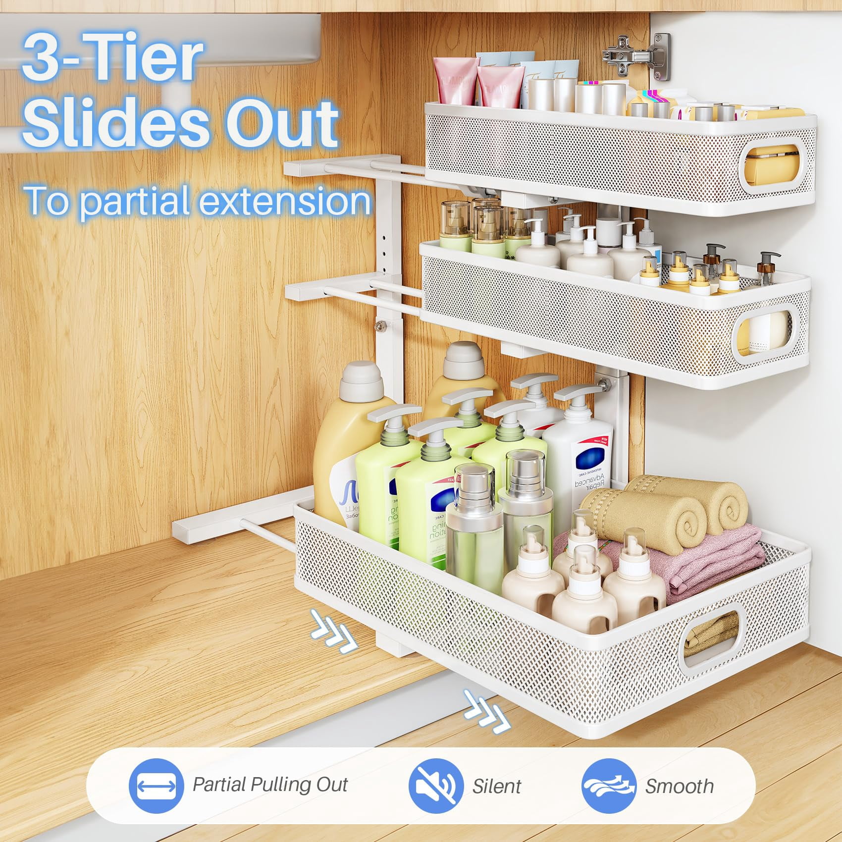 Under Sink Organizer, 2-Pack 3-Tier Thickened Metal Pull out Cabinet Organizer Shelf, Height Adjustable Slide out Storage Drawer Rack for Kitchen Bathroom Pantry Laundry Home Organization, White