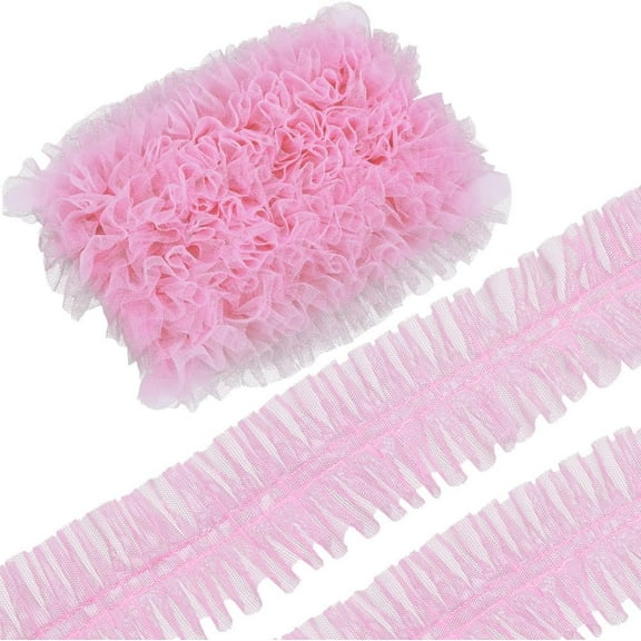 10M Polyester Pleated Lace Trim Ruffled Lace Ribbon for Garment Accessories Pink 2-3/8 inch(60mm) about 9.5~10m/Bag