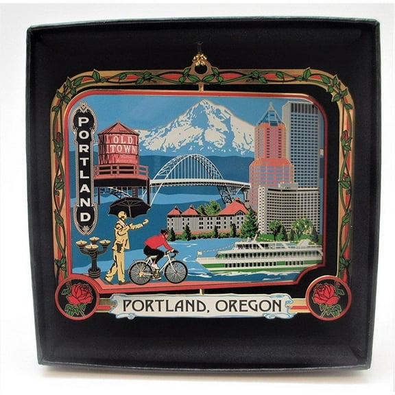Portland Oregon Brass Ornament Black Leatherette Gift Box