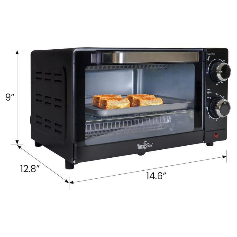 Total Chef 4-Slice Natural Convection Toaster Oven, Fits a 9 Inch Pizza,  Compact Countertop Oven, 30 Minute Timer, 200-450F (93-232C) Temperature