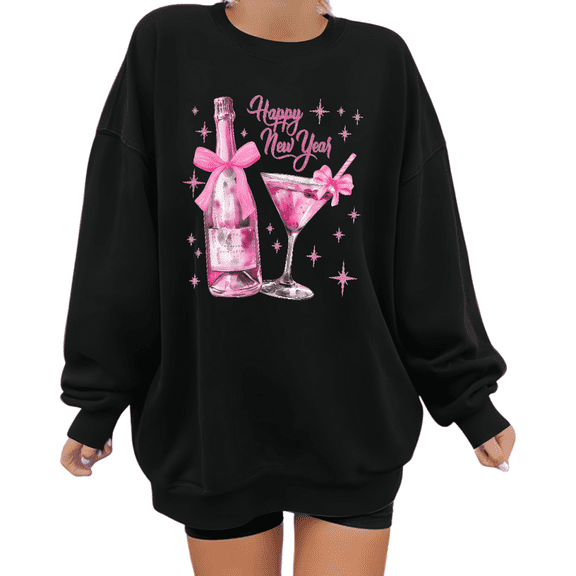 Happy New Year Print Sweatshirt Graphic Sweatshirt Black S-3XL Holiday Party Tops
