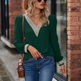 thumbnail image 4 of Jersey Costura De Encaje Cuello En V Mangas Largas Abullonadas Casual Cómodo Gasa Mujer Top Verde Oscuro XXL, 4 of 7