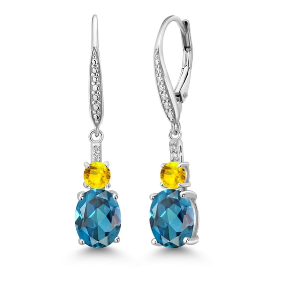 Gem Stone King 925 Sterling Silver London Blue Topaz and Yellow Sapphire Dangle Earrings for Women with Lab Grown Diamond (5.25 Cttw, Oval 9X7MM)