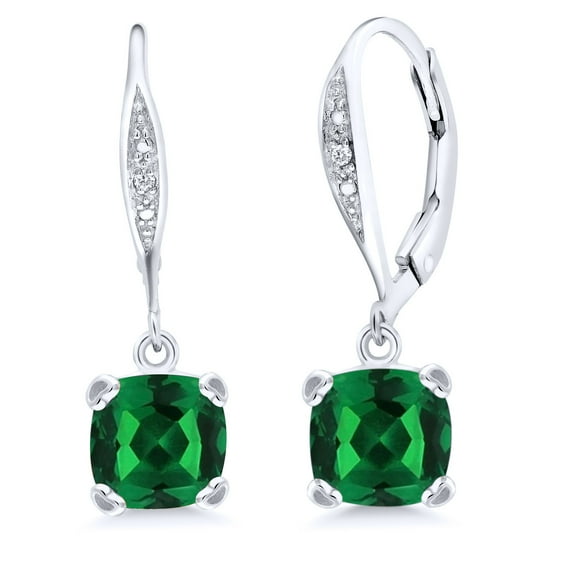 Gem Stone King 925 Sterling Silver Green Nano Emerald and White Diamond Earrings for Women (1.31 Cttw, Gemstone May Birthstone, Cushion 7MM)
