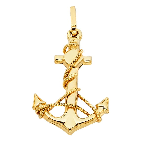 14k Yellow Gold Nautical Anchor Pendant High Polished Rope Ship Ocean Charm Jewelry Female Unisex
