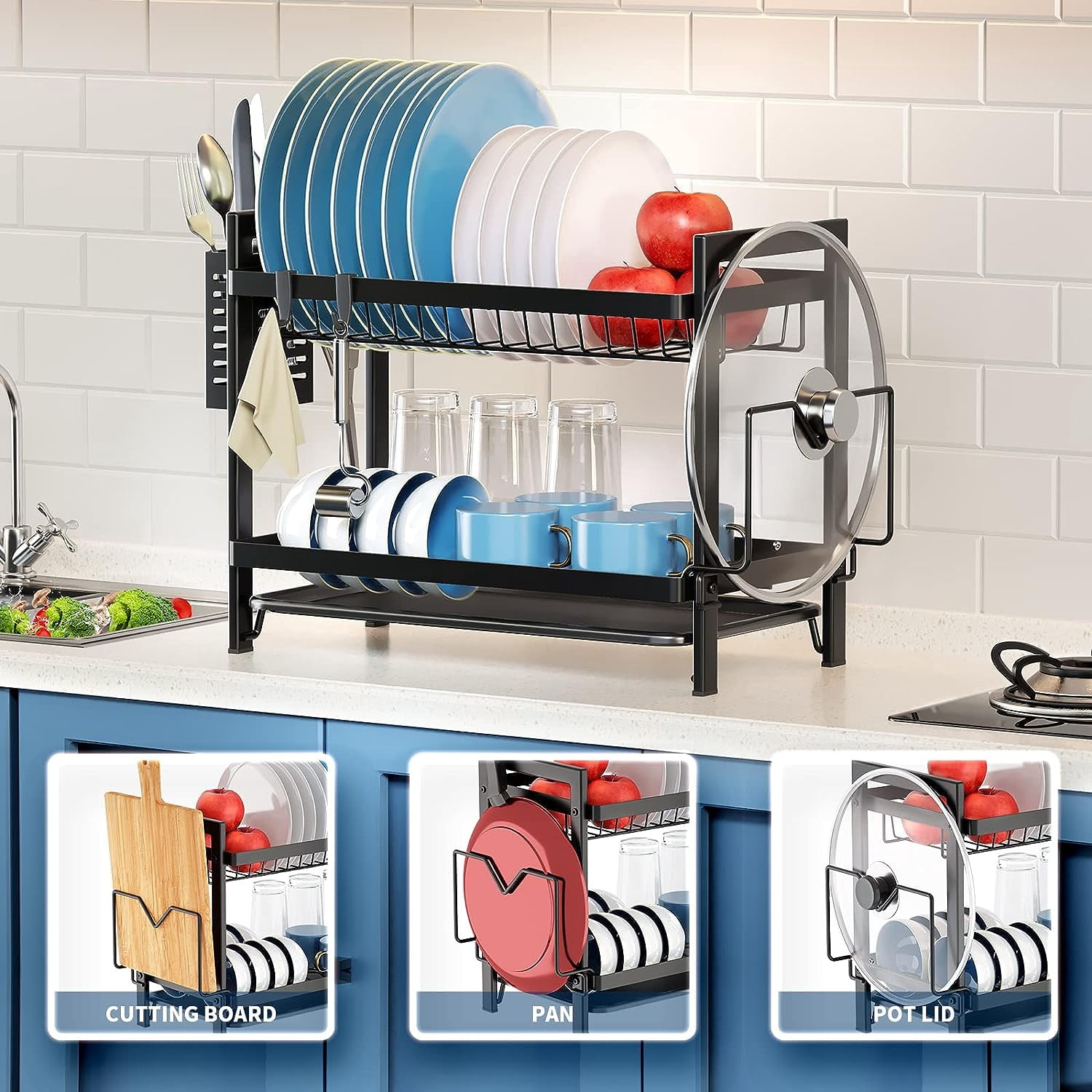2 Tier Dish Drying Rack with Drain Board Set,Dish Drainer Rack for Kitchen Countertop,Dish Racks for Kitchen Counter, Kitchen Dish Drying Rack,Dish drainers for Kitchen Counter