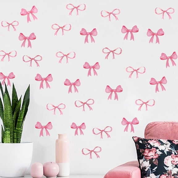 Farcauo 8Sheet/80pcs Pink Bowtie Wall Stickers and Decals for Bedroom and Bathroom Bow Room and Wall Decor Coquette Room Decor for Bedroom Bow Sticker Pink Wall Decor for Living Room