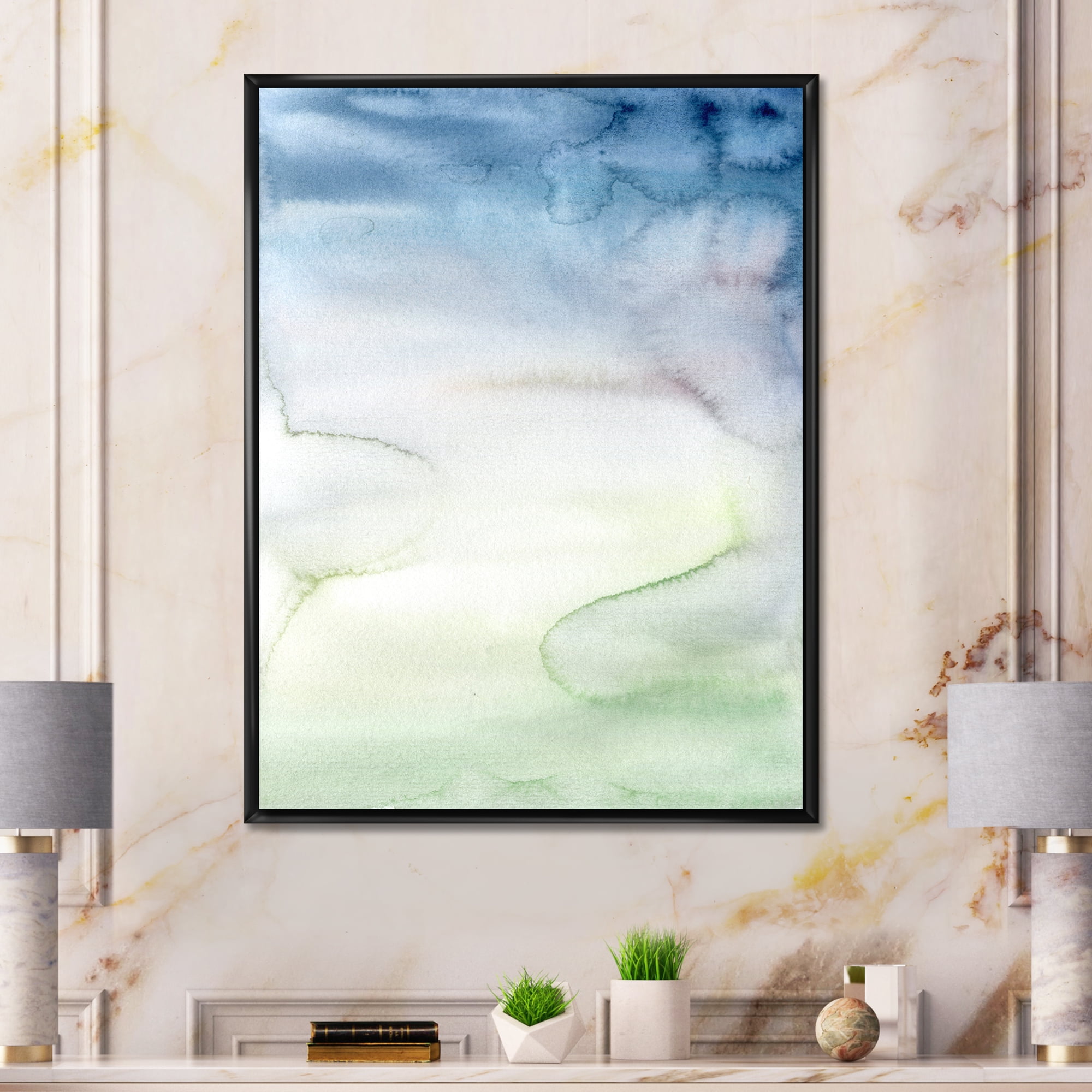 Pastel Abstract With Green Dark Blue and White Spots 16 in x 32 in Framed Painting Canvas Art Print, by Designart