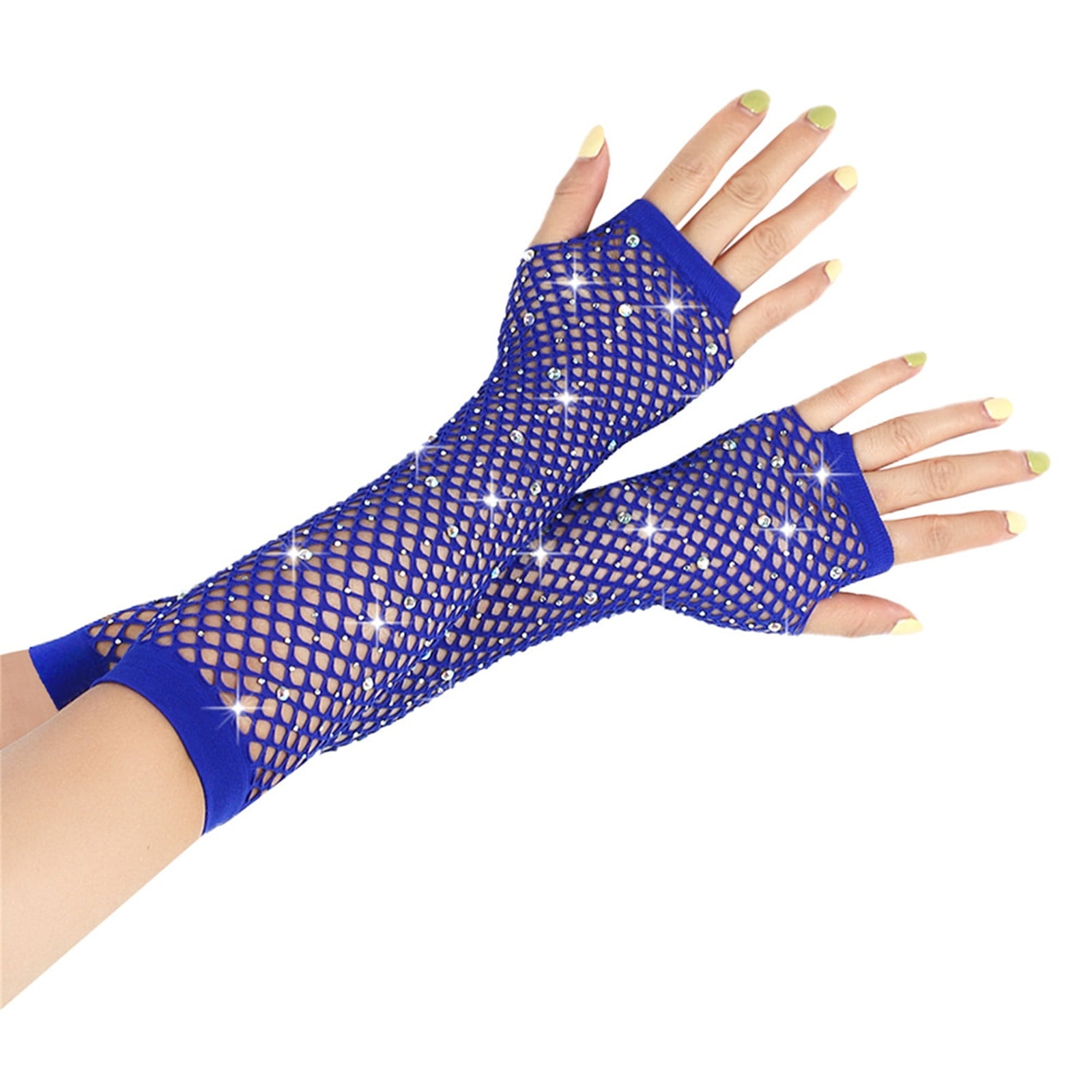 XMMSWDLA Rhinestone Fingerless Fishnet Gloves 80s Fishnet Long Gloves  Sparkly Glitter Fashion Opera Gloves Mesh Gloves Blue 