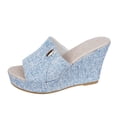 thumbnail image 5 of Rokment Linen Wedges Dress Slides Sandals for Women Beach Breathable Cotton Fabric Open Toe Platform Extra High Heels Fashion Casual Summer Espadrilles Heeled Slip on Light Blue Size 7.5, 5 of 6