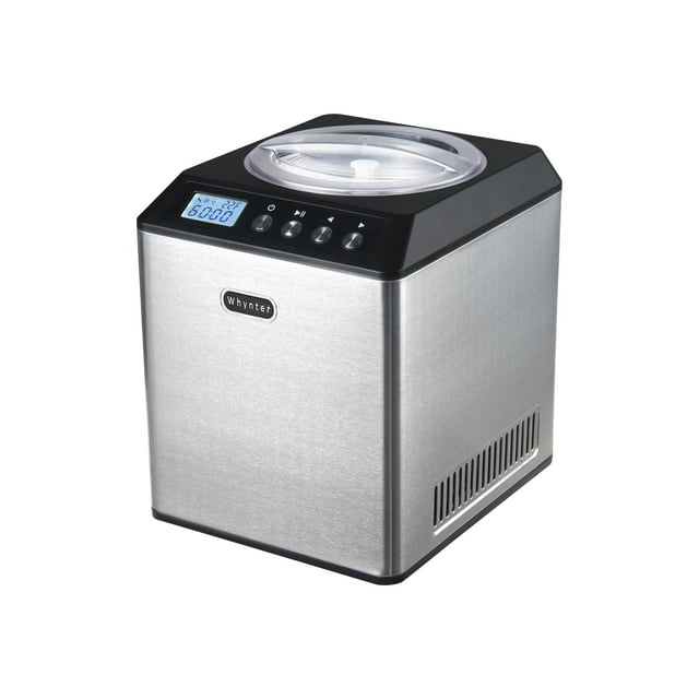 Whynter ICM-201SB ice cream maker with a 2.1-quart capacity and 180-watt power, featuring a sleek black and stainless steel upright design. The unit includes a soft-touch LCD control panel, a transparent lid, and a removable stainless steel mixing bowl for easy cleaning. Designed for countertop use, it offers three modes: ice cream, cooling only, and mixing only. The built-in compressor allows continuous use without pre-freezing the bowl. Ideal for making ice cream, gelato, and sorbet at home.