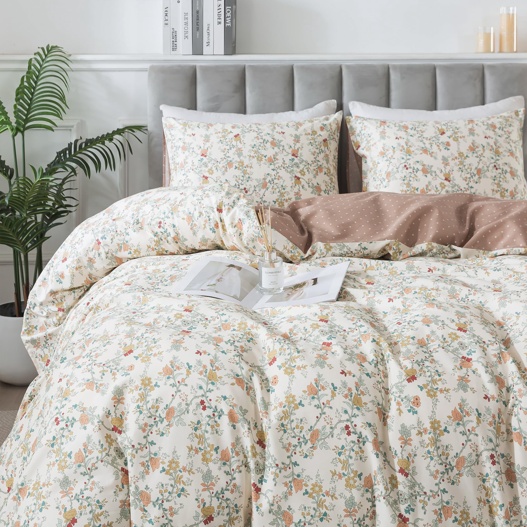 HoneiLife 3pc Duvet Cover Queen Size - 100% Cotton Comforter Floral Breathable Duvet Cover with Zipper Closure & Corner Ties, Brown Branches