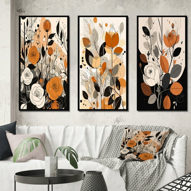 Designart "Terracotta Wildflowers in Retro Illustration IX" Abstract Botanicals Framed Wall Art Set Of 3 - Brown Modern Frame Canvas Set For Living Room Decor
