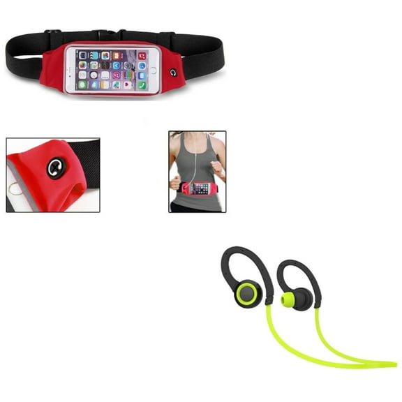 Sports Belt Band Running Waist Bag w Earphones Sports Wireless Headset D9L for Kyocera Brigadier, Hydro Vibe Life - LG Power, Lancet, Destiny, Transpyre, Spree, Logos, Volt, K3, Leon, Realm