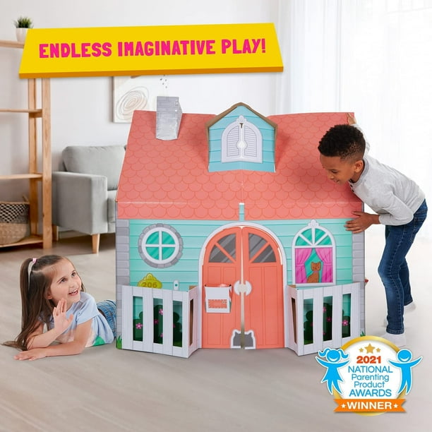 Pop2Play Kids Playhouse Sturdy and Eco Friendly Carboard House Folds Flat for Easy Storage Role Play Toy for Girls and Boys