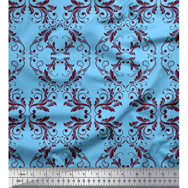 Soimoi Blue polyester Crepe Fabric Quaterfoil Damask Fabric Prints By Yard 42 Inch Wide