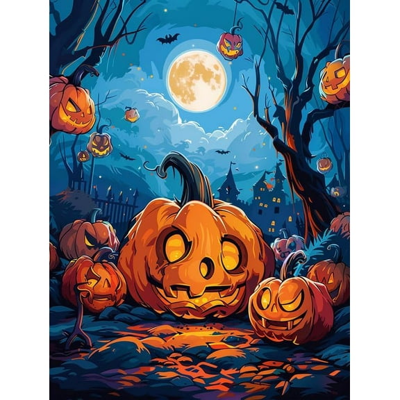 5D DIY Diamond Painting Set "Halloween Pumpkin, Moon" Round Diamond Art Crafts for Adults, Suitable for Wall Decoration, Bedroom and Home Decoration