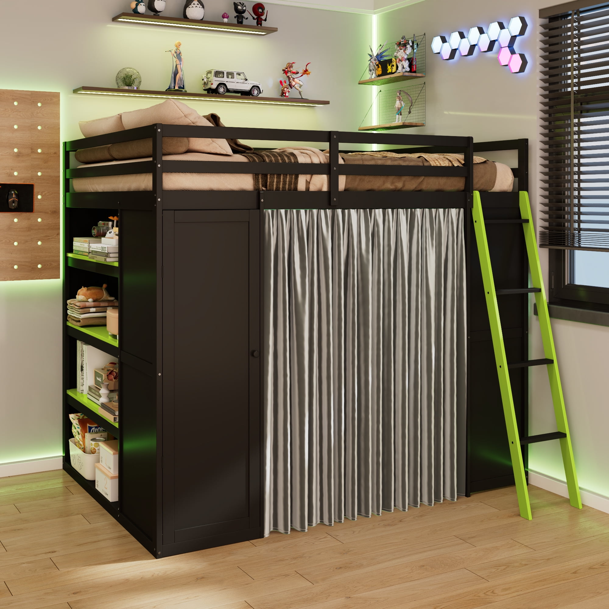 Mintazer Full Size Loft Bed with Wardrobe, Storage Shelves, Desk, Blackout Curtains, Charging Station & Lights Game Bed Frame for Teens, Black & Green