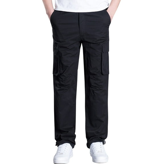IROINNID Mens Cargo Pants Solid Color Plus Size Cotton Multi-Pocket Wear-Resistant Overalls Trousers Elastic Waist Skinny Pants