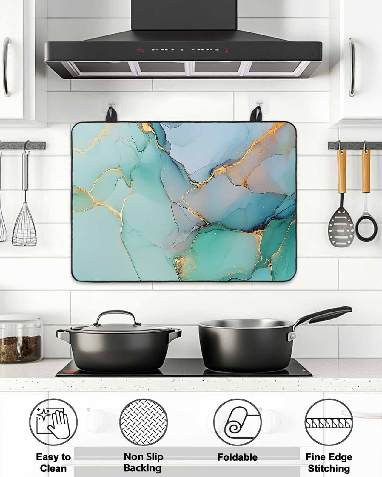 Stove Top Covers for Electric Stove, Teal Glass Stovetop Cover Protector, Modern Marble Ink Painting Abstract Art Induction Cooktop Protector Oven Mat for Kitchen Countertop 24"x21"