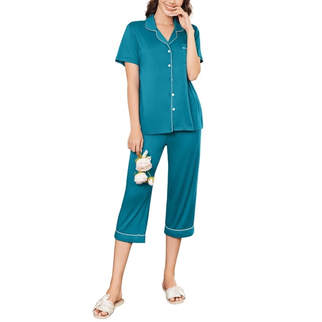 Conjunto de pijama Ekouaer Capri para mujer de manga corta con botones, color azul