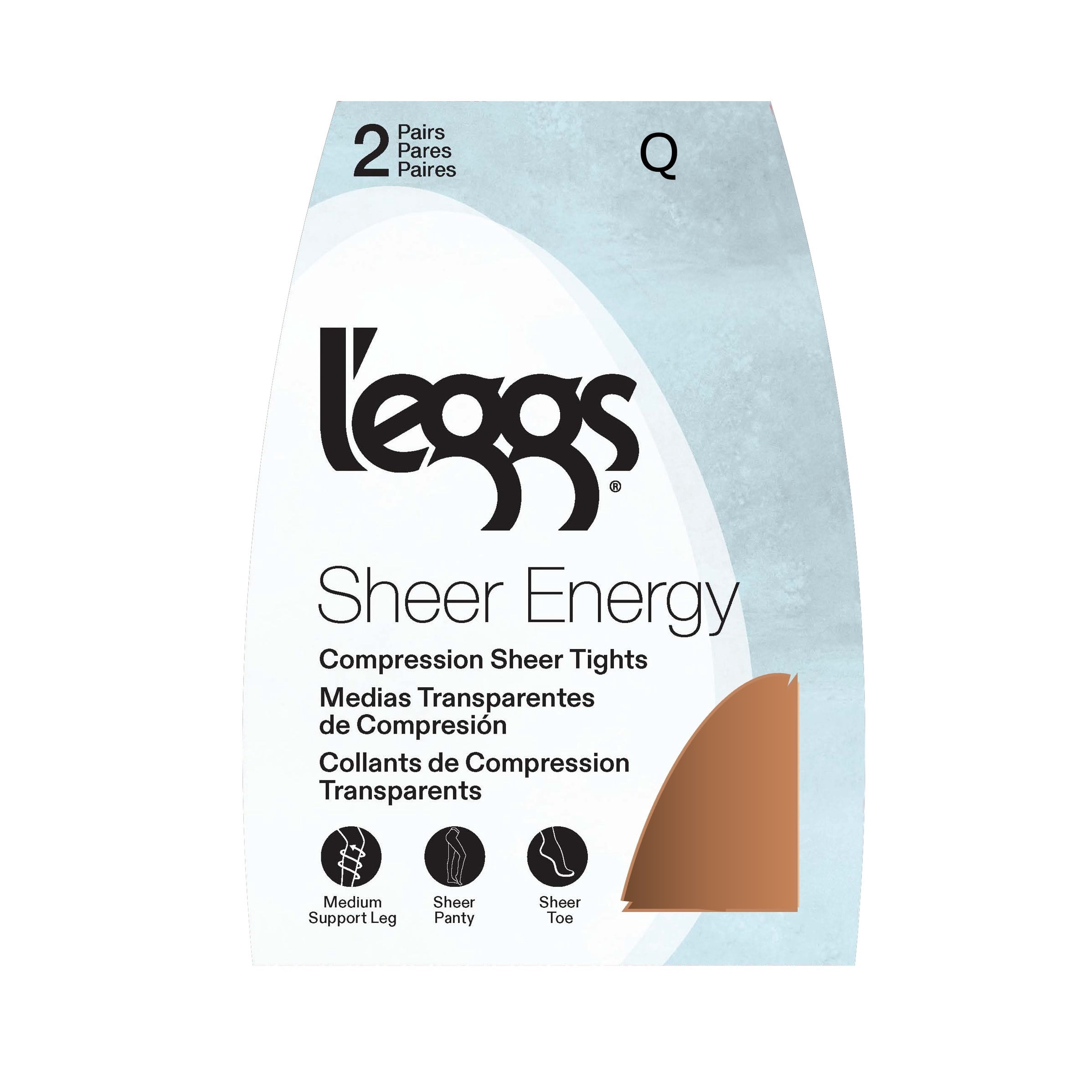 L'eggs Women's Sheer Energy Medium Leg Support Control Top Sheer Tights Sheer Toe, 2 Pair