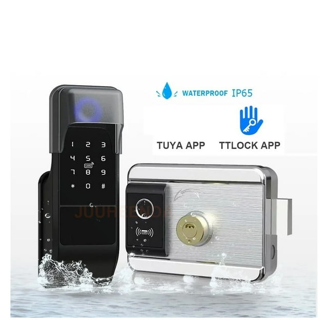Door Lock, Waterproof Tuya Smart Door Lock Digital Password Double-sided Fingerprint Electronic Rim Lock For Outdoor Iron Gate Door ,Easy to Install