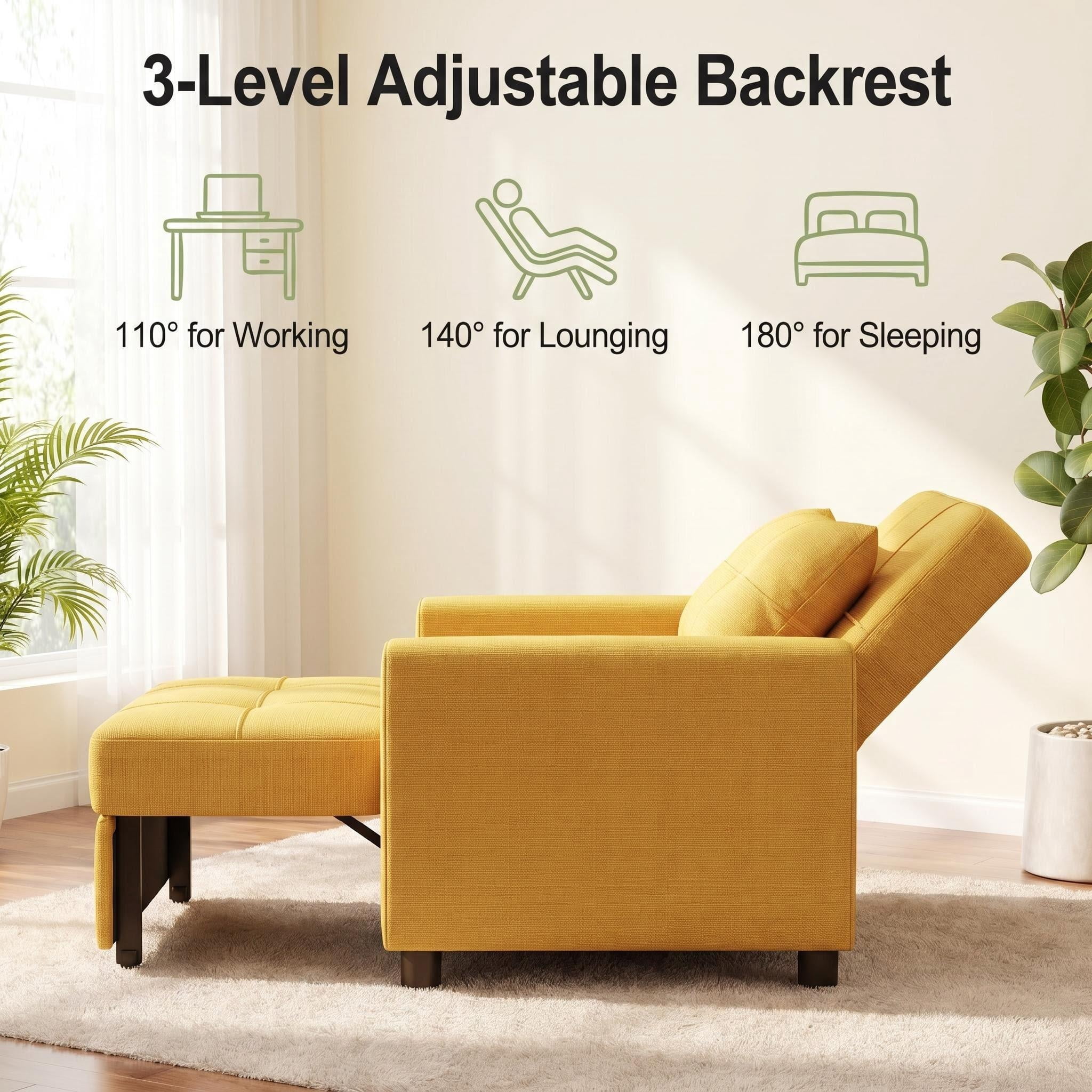 Sleeper Sofa, Lofka 3 in 1 Convertible Single Sofa Bed with Adjustable Backrest for Living Room, Bedroom, Yellow