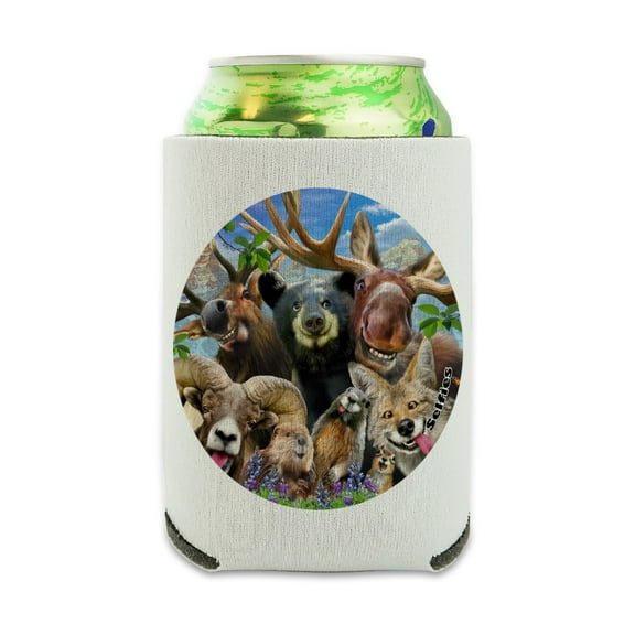Rocky Mountain Animals Selfie Bear Moose Elk Ram Beaver Fox Can Cooler - Drink Sleeve Hugger Collapsible Insulator - Beverage Insulated Holder