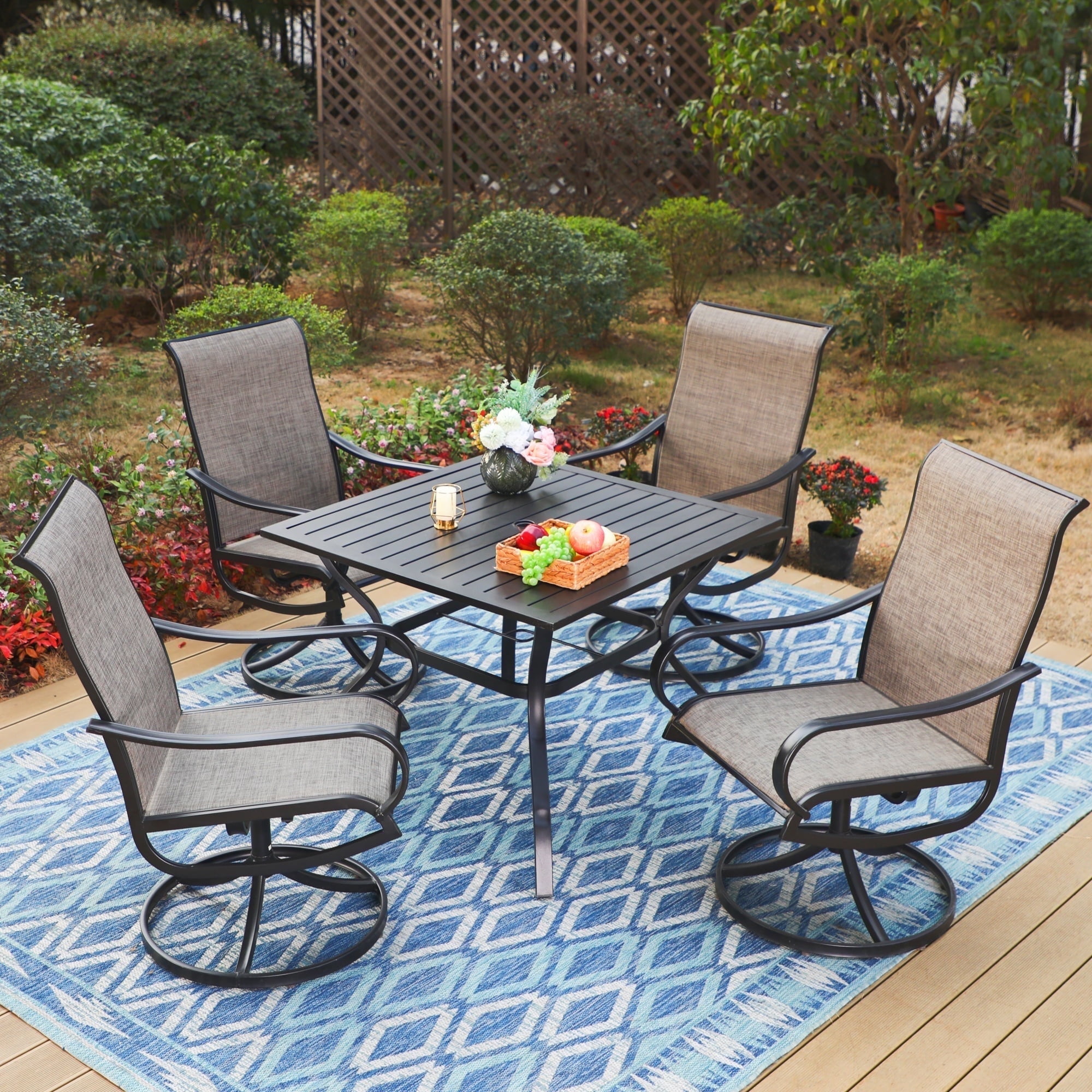 MF Studio 5 Pieces Outdoor Patio Dining Set with Swivel Textilene Chairs and Square Metal Patio Table with Umbrella Hole for 4 People, Black & Brown-gray