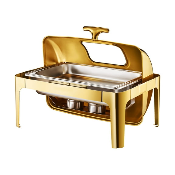 KFFKFF 9Qt Roll Top Chafing Dish Buffet Set,  with Full Size Pan, Stainless Steel Rectangle Catering Warmer with Visible Lid, Water Pan, Folding Stand, Fuel Holder, Meal Clip, Gold