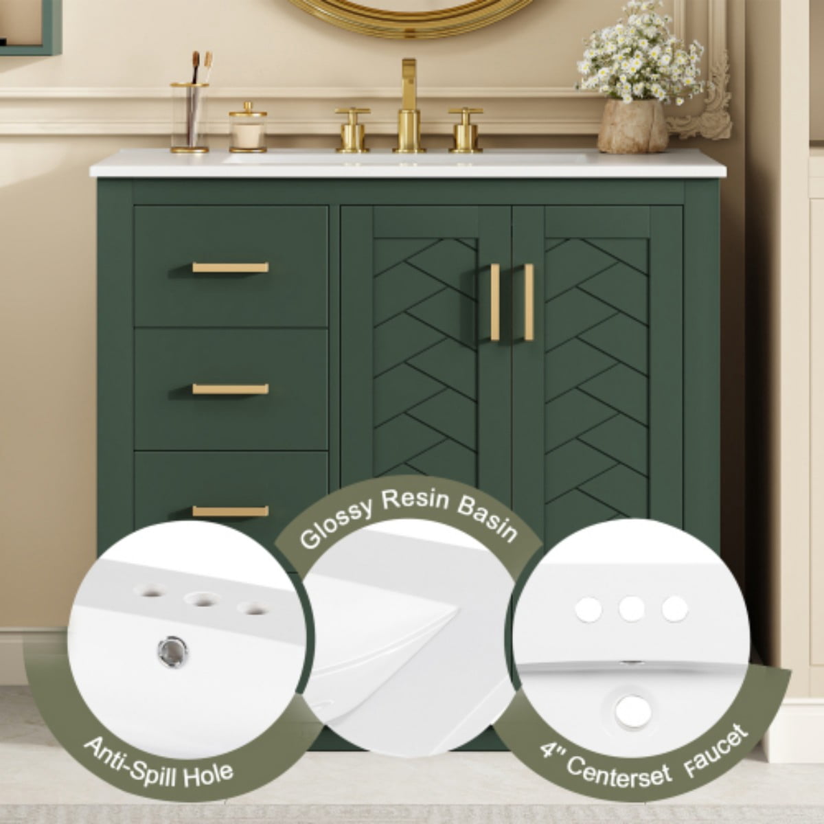36" Bathroom Vanity with Sink, Freestanding Bathroom Vanity Cabinet with Ceramic Sink, Solid Wood Frame, 3 Drawers & Soft Close Doors, Modern Storage Cabinet, Green