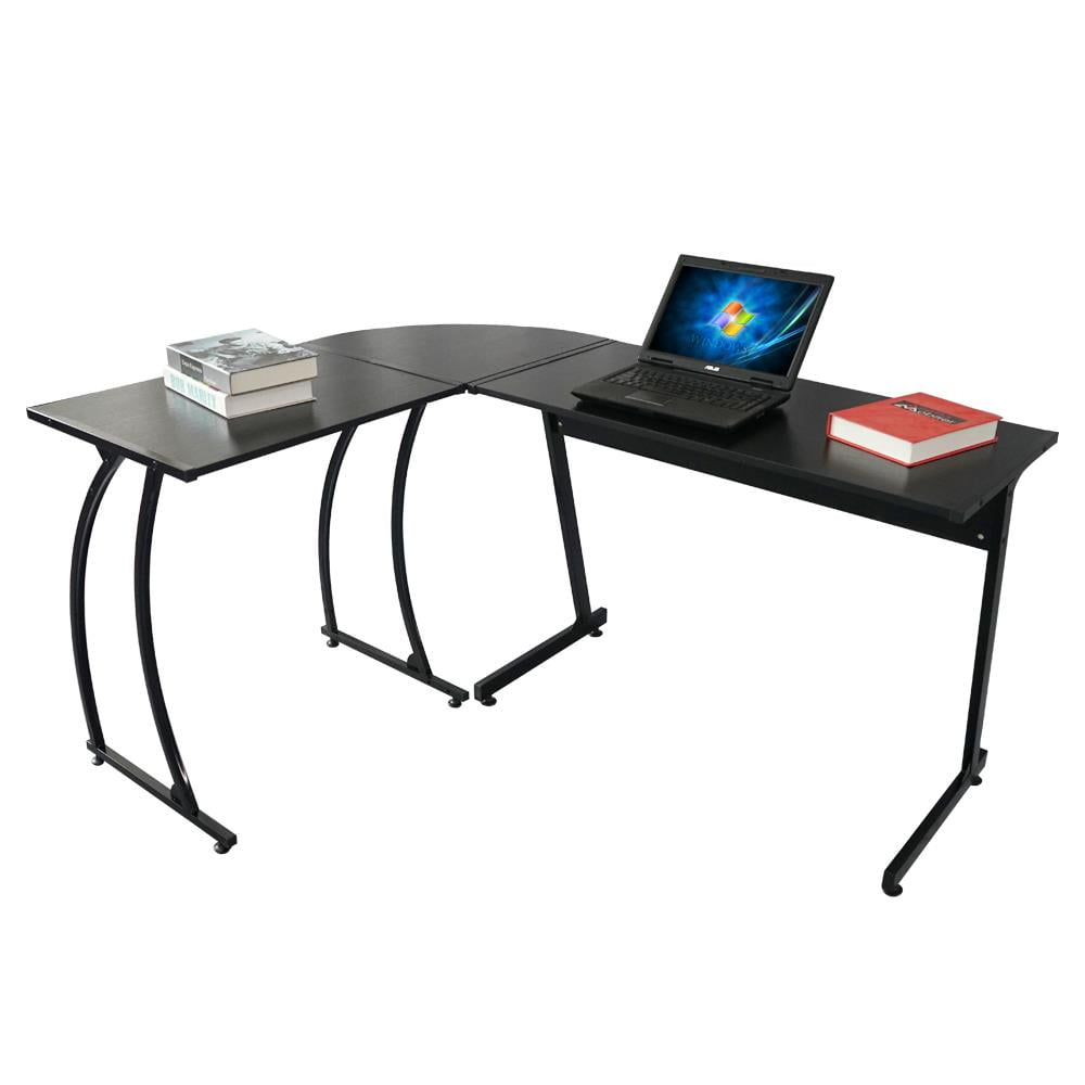Ubesgoo L Shaped Desk Office Glass Corner With Keyboard Tray Black