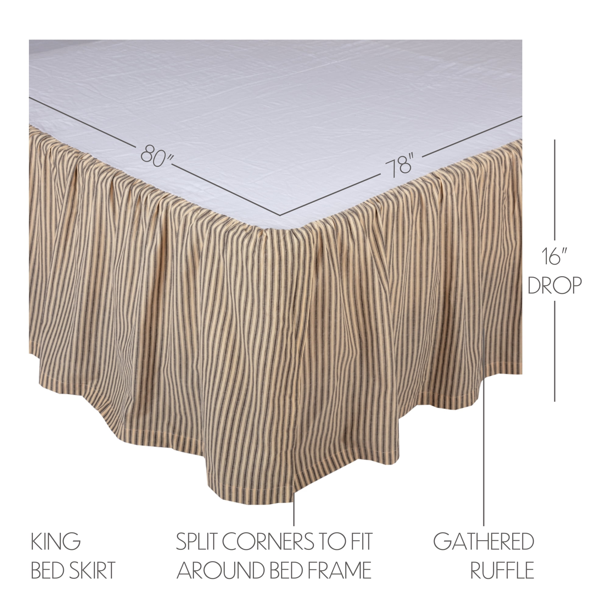 VHC Brands Sawyer Mill Ticking Striped Cotton Farmhouse Split Corners Gathered King Bed Skirt, 78x80x16, Charcoal Dark Creme White