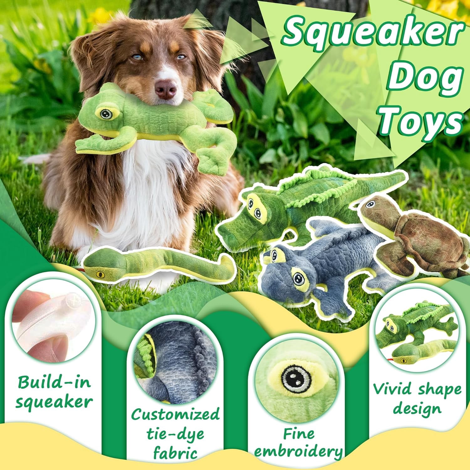 LECHONG Christmas Dog Toys for Aggressive Chewers, Woodland Series Chewable 5-Piece Stuffed Animal Toys Bundle with Alligator, Frog, Turtle, Lizard, Snake for Chewing (5 Pack)