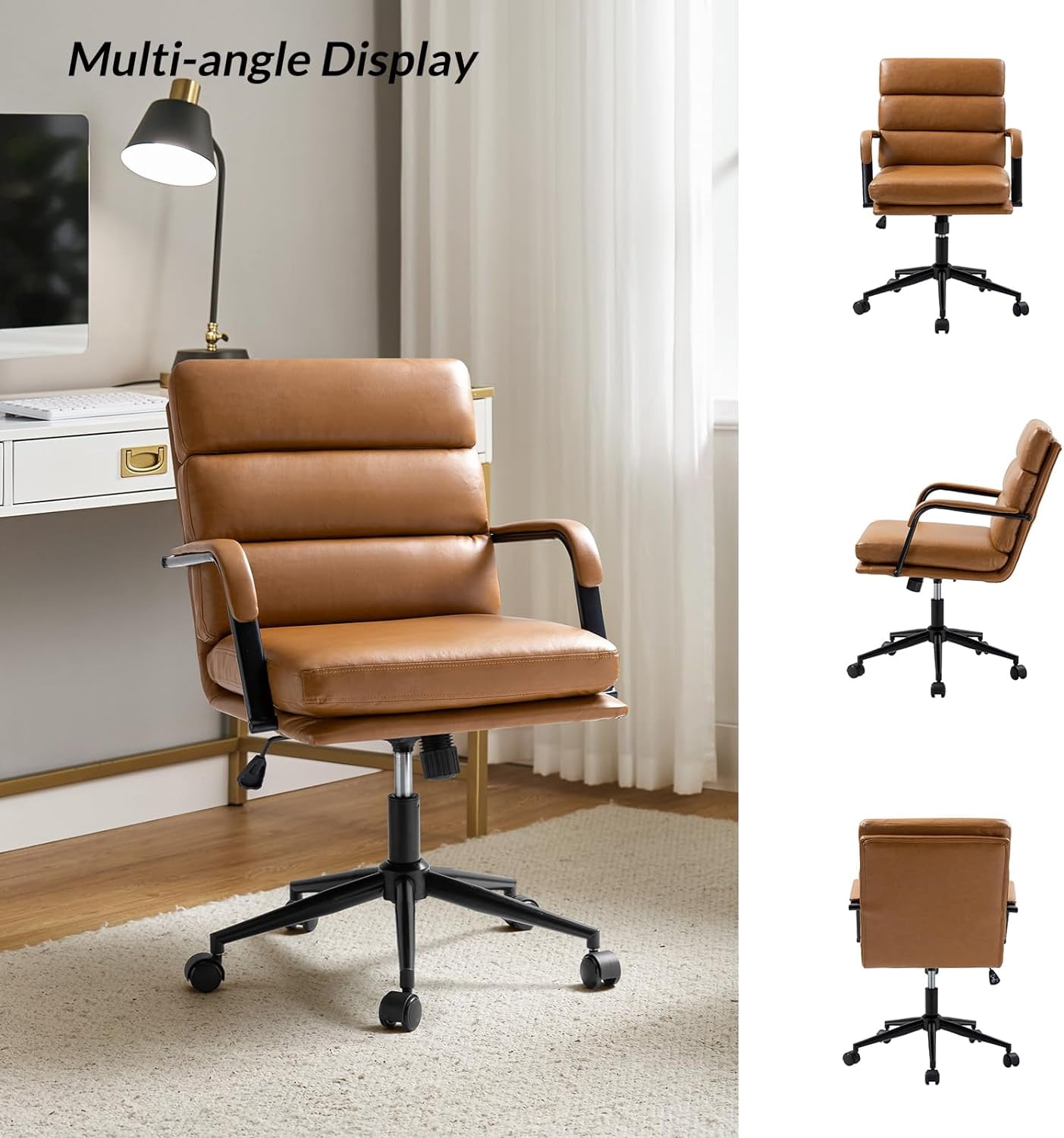 Faux Leather Home Office Chair, Swivel Task Desk Chair with Padded Cushion  Camel