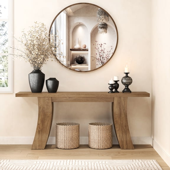 Epecoya 70.9 inch Farmhouse Wood Console Table - Light Brown Oak Entryway Sofa Table with Curved Base for Living Room or Hallway